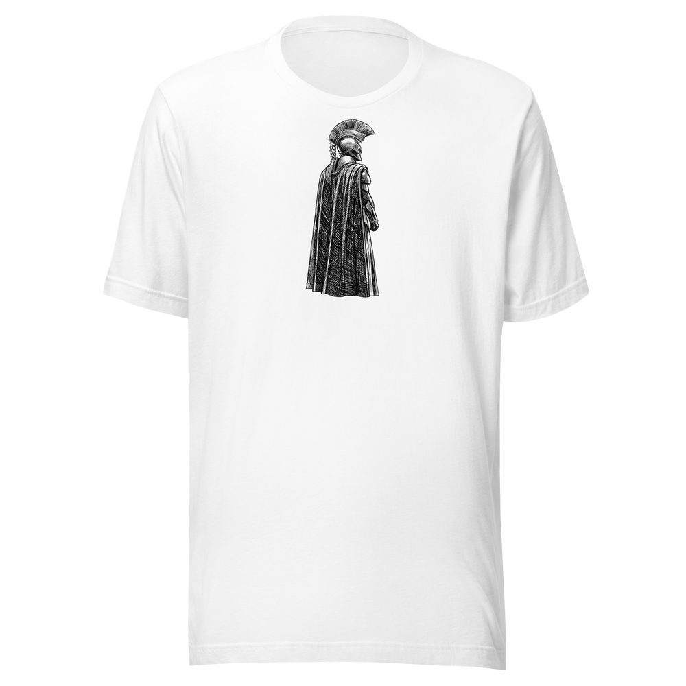 Il guerriero di spalle, maglietta unisex bianca, mockup nativo trasparente del fronte.