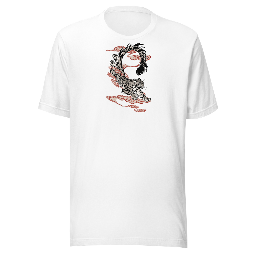 Maglietta unisex White, stampa frontale. Leopardo fra nuvole rosse. Mockup nativo trasparente.
