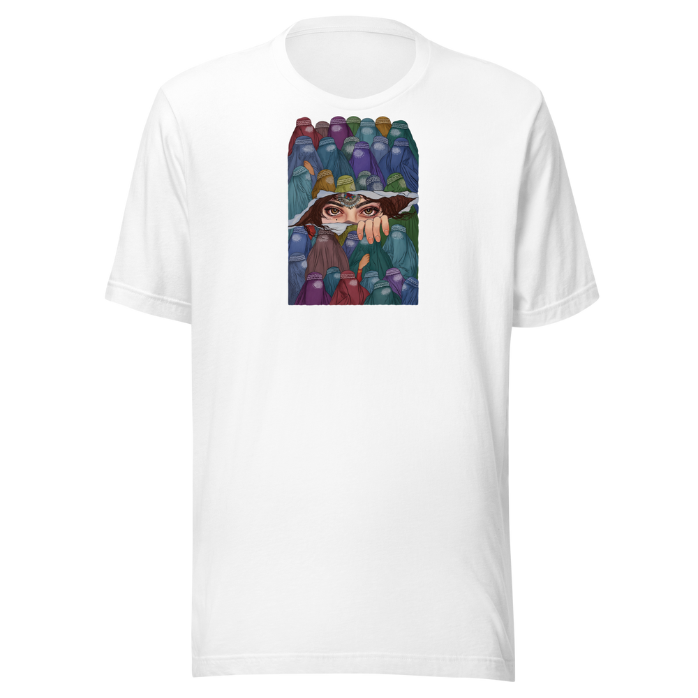 Uno sguardo oltre lo strappo, maglietta unisex bianca, mockup nativo trasparente del fronte.