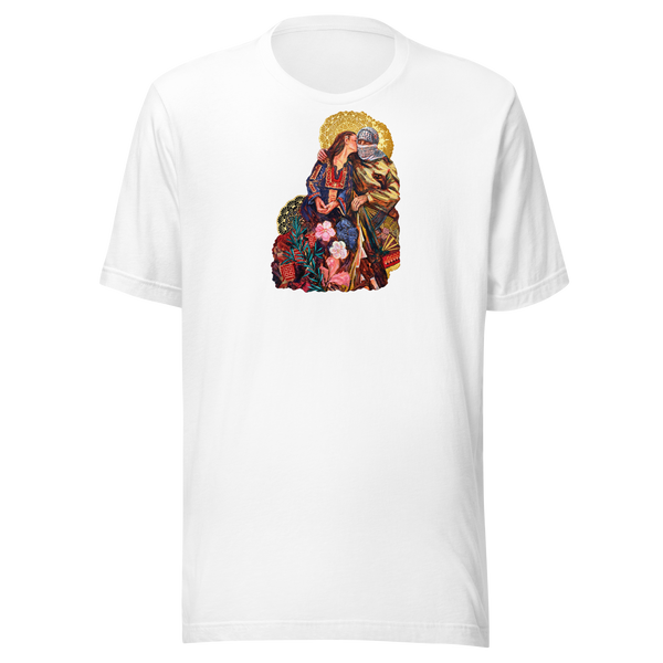 Maglietta unisex bianca con Il bacio tra ricami e fiori, mockup nativo trasparente del fronte.