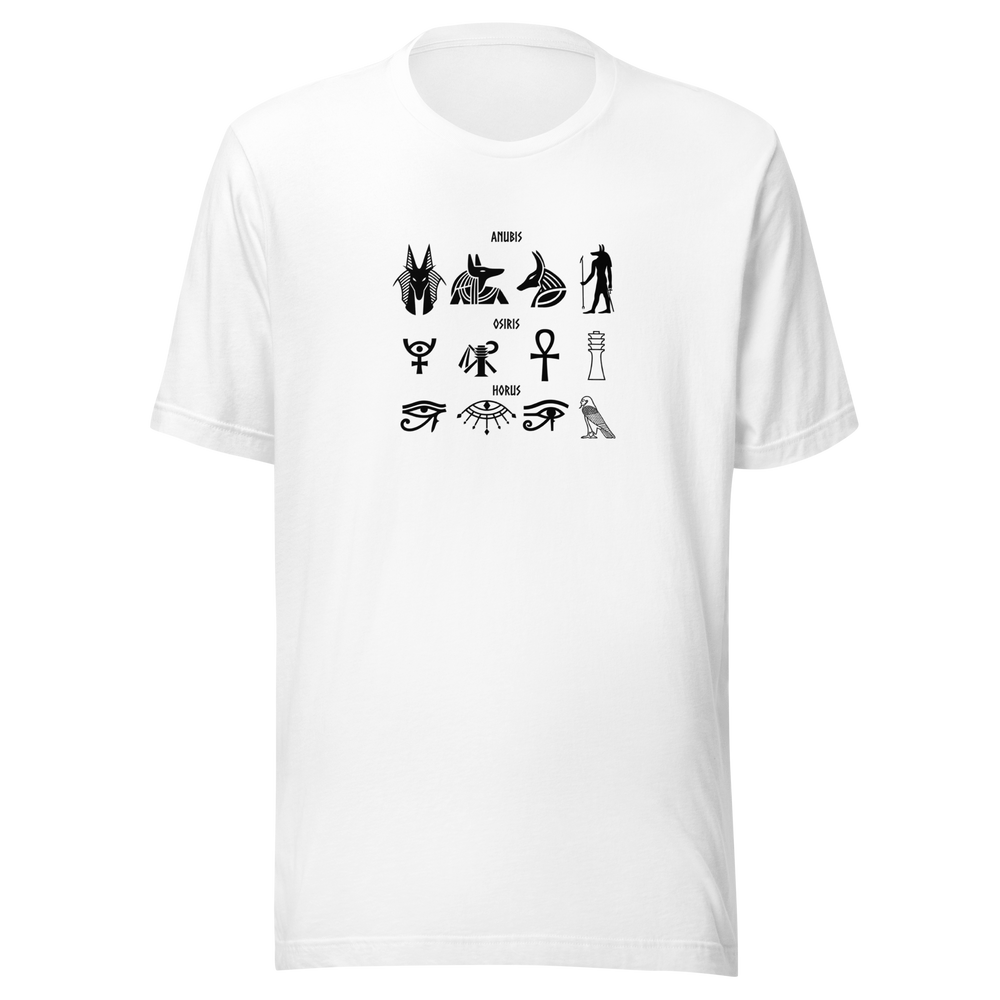 Maglietta White, dodici-simboli-sotto-tre-nomi-medio-oriente-140-maglietta-unisex. Mockup nativo trasparente.