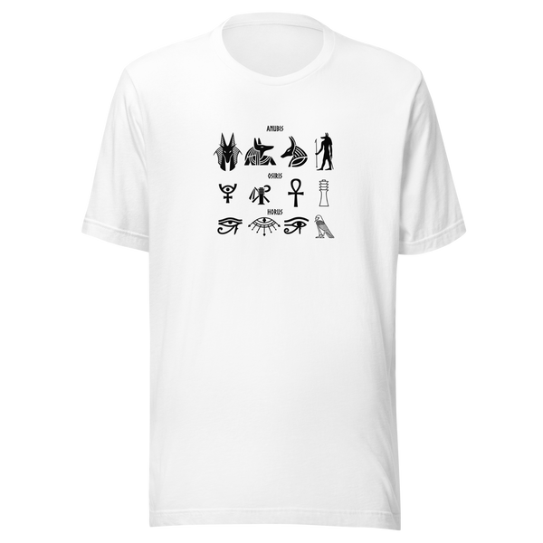 Maglietta White, dodici-simboli-sotto-tre-nomi-medio-oriente-140-maglietta-unisex. Mockup nativo trasparente.
