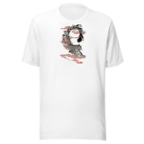 Maglietta unisex White, stampa frontale. Leopardo fra nuvole rosse. Mockup nativo trasparente.