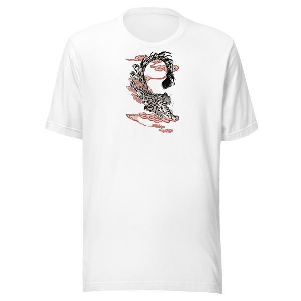 Maglietta unisex White, stampa frontale. Leopardo fra nuvole rosse. Mockup nativo trasparente.