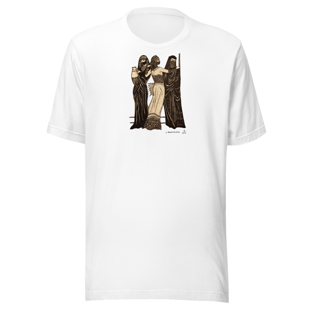 Maglietta unisex White, tre figure illustrate sul fronte. Mockup nativo senza sfondo.
