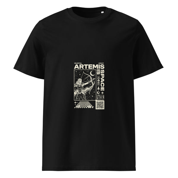 T-shirt regular organica nera vista di fronte, con Artemide arciera, stelle, luna, scritte color avorio e QR