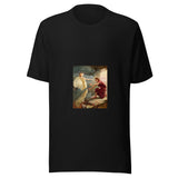 Maglietta unisex nera vista di fronte. Orfeo, in veste rossa, si protende verso Euridice, avvolta da drappi pallidi; una lira giace fra le rocce. Mockup del capo completo.